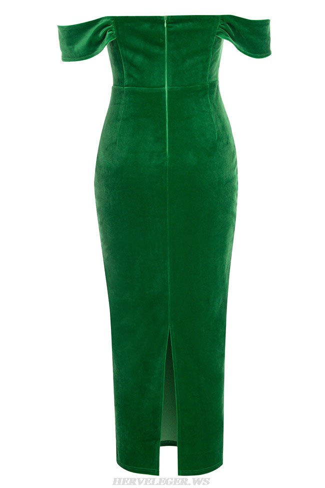 Herve Leger Green Off The Shoulder Corset Midi Velvet Dress