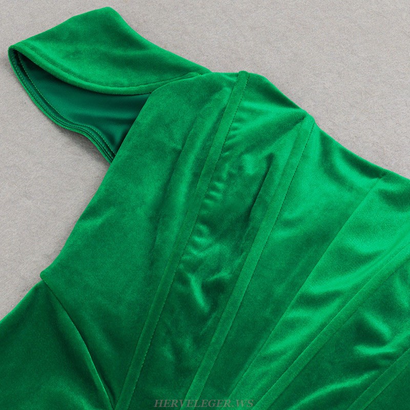 Herve Leger Green Off The Shoulder Corset Midi Velvet Dress