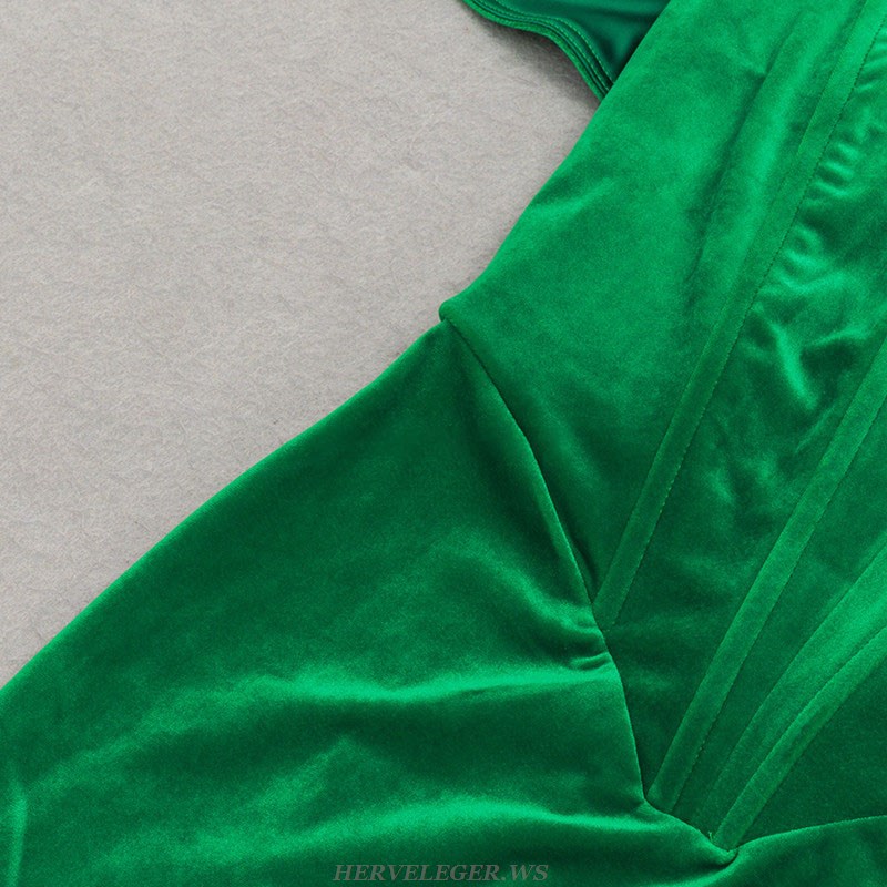 Herve Leger Green Off The Shoulder Corset Midi Velvet Dress