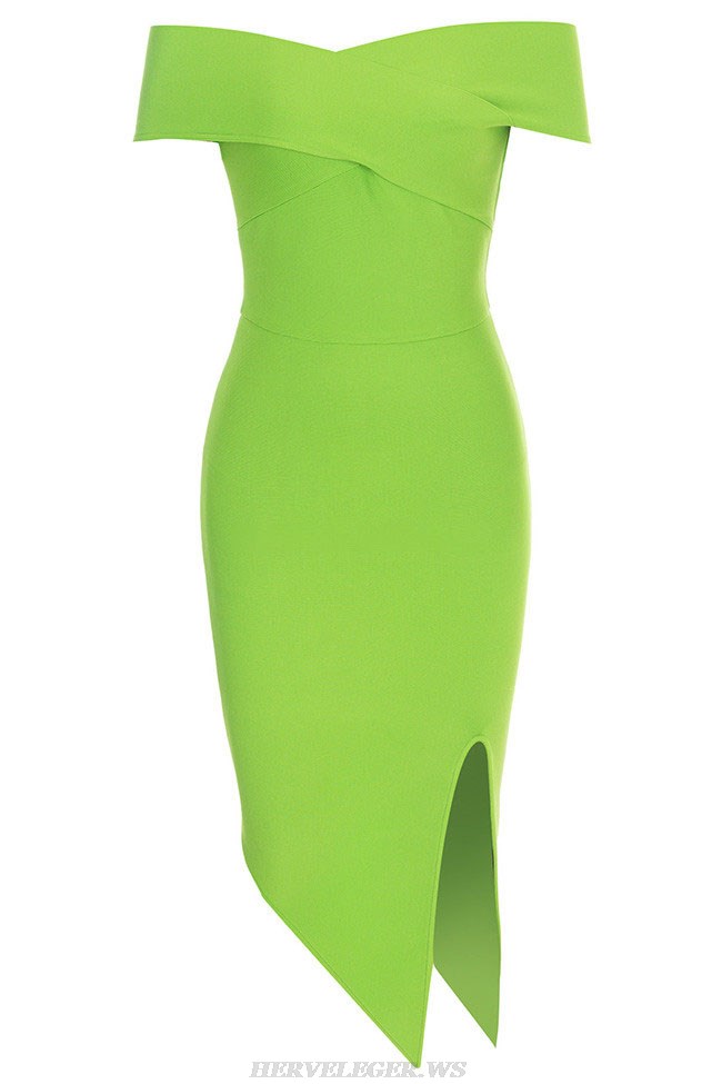 Herve Leger Green Off The Shoulder Midi Dress