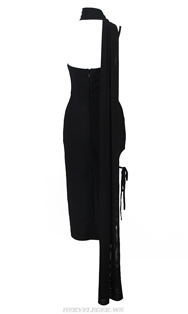 Herve Leger Black One Shoulder Flower Midi Dress