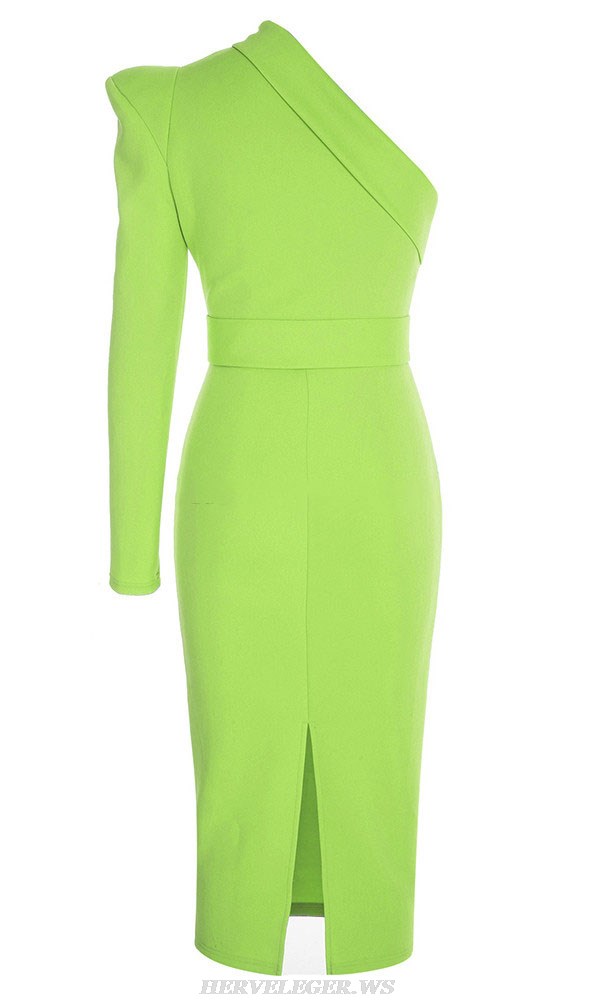 Herve Leger Green One Sleeve Belt Midi Dress