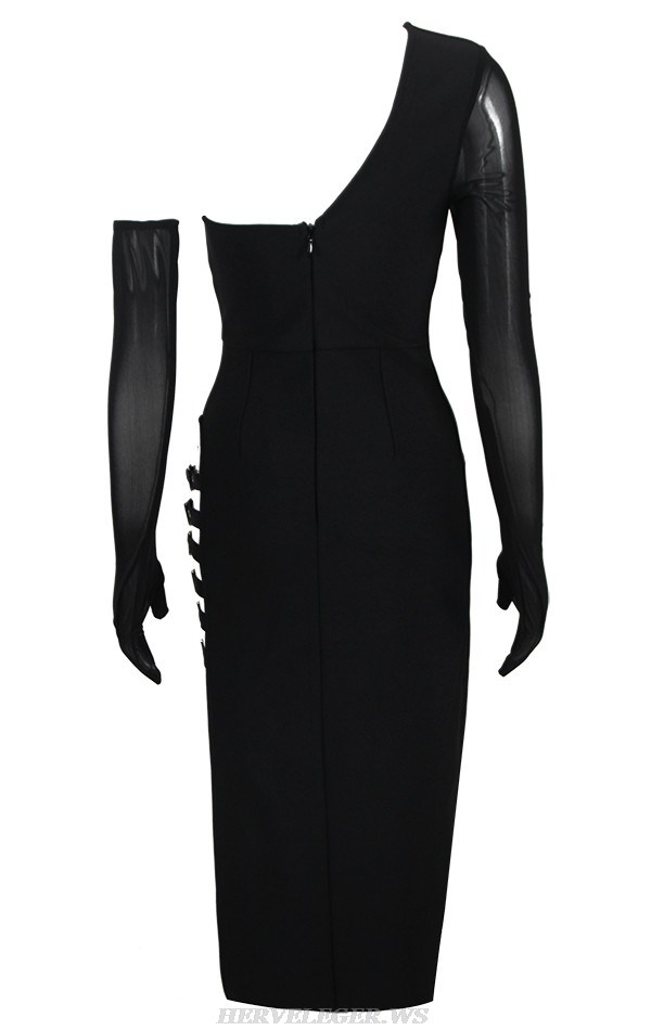 Herve Leger Black One Sleeve Midi Dress