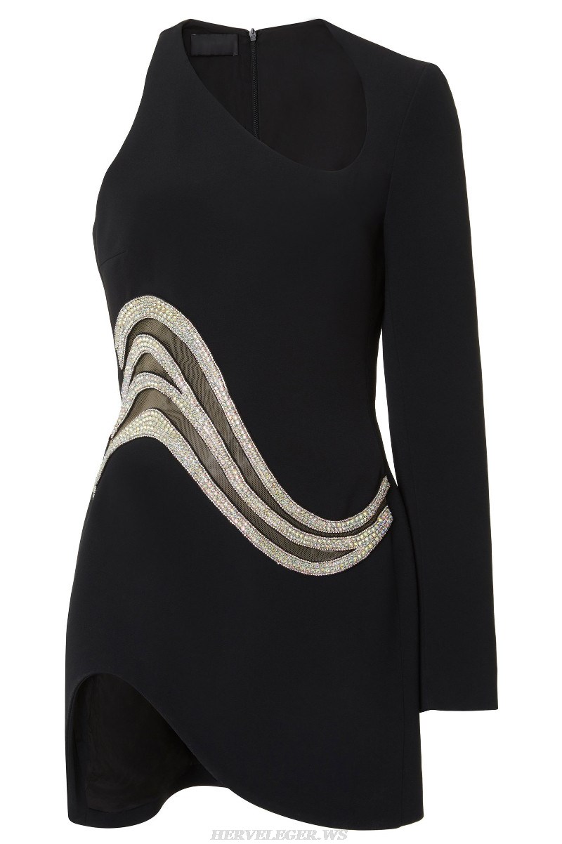 Herve Leger Black One Sleeve Rhinestone Dress