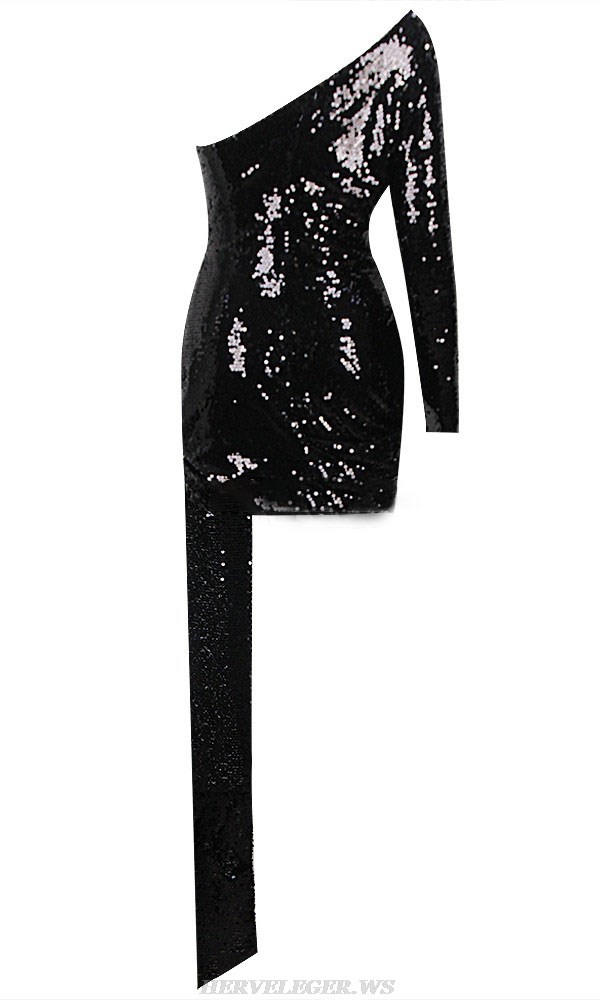 Herve Leger Black One Sleeve Sequin Draped Dress