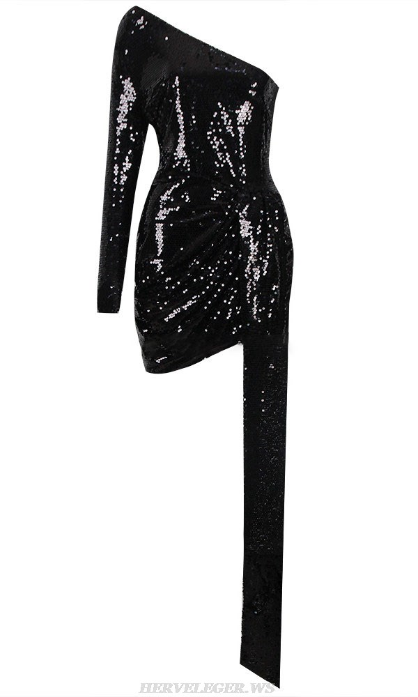 Herve Leger Black One Sleeve Sequin Draped Dress