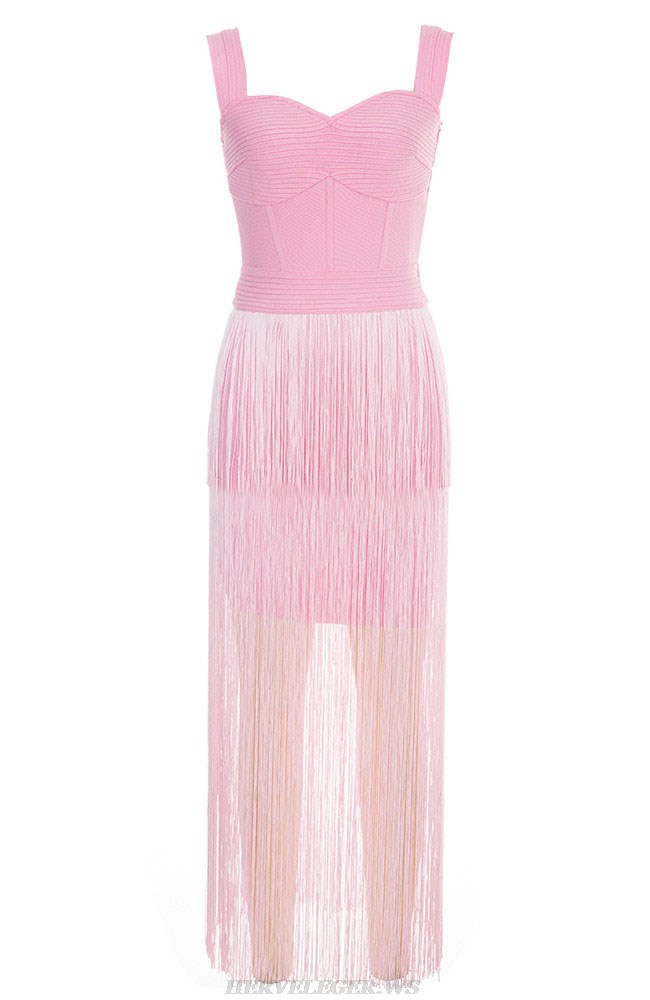 Herve Leger Pink Ribbed Tassel Midi Dress