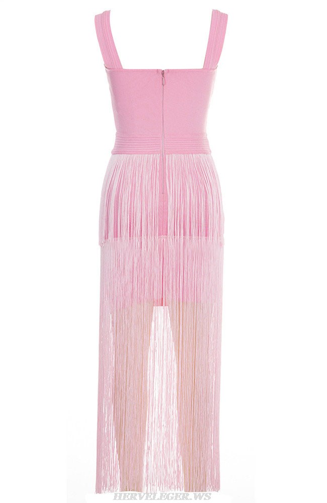 Herve Leger Pink Ribbed Tassel Midi Dress