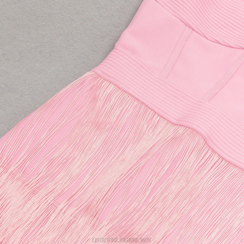 Herve Leger Pink Ribbed Tassel Midi Dress