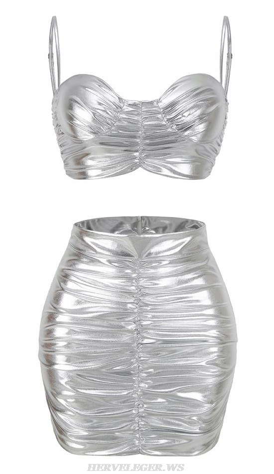 Herve Leger Silver Ruched Bustier Two Piece Dress