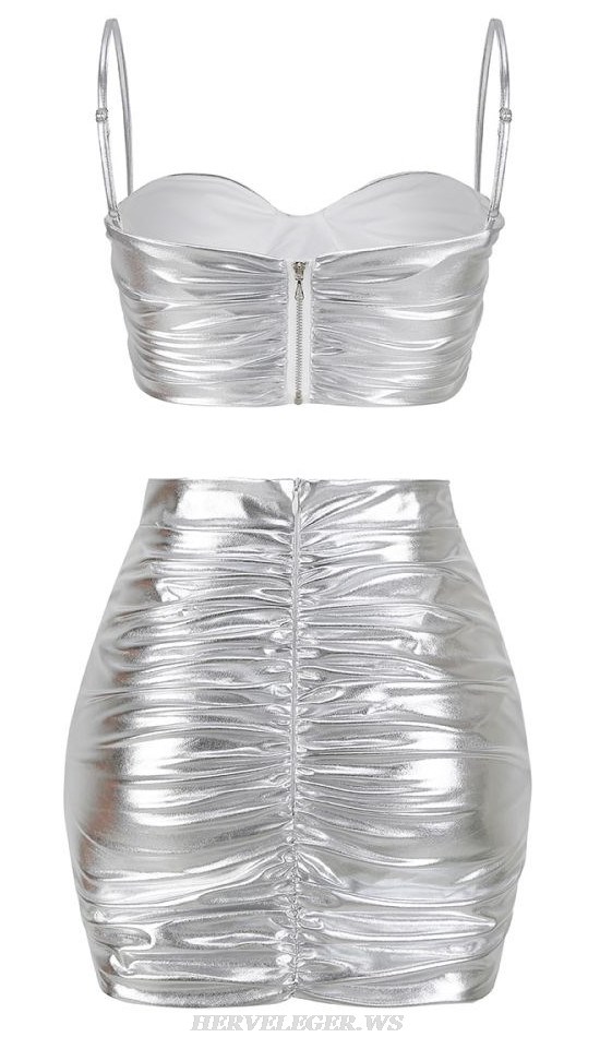 Herve Leger Silver Ruched Bustier Two Piece Dress