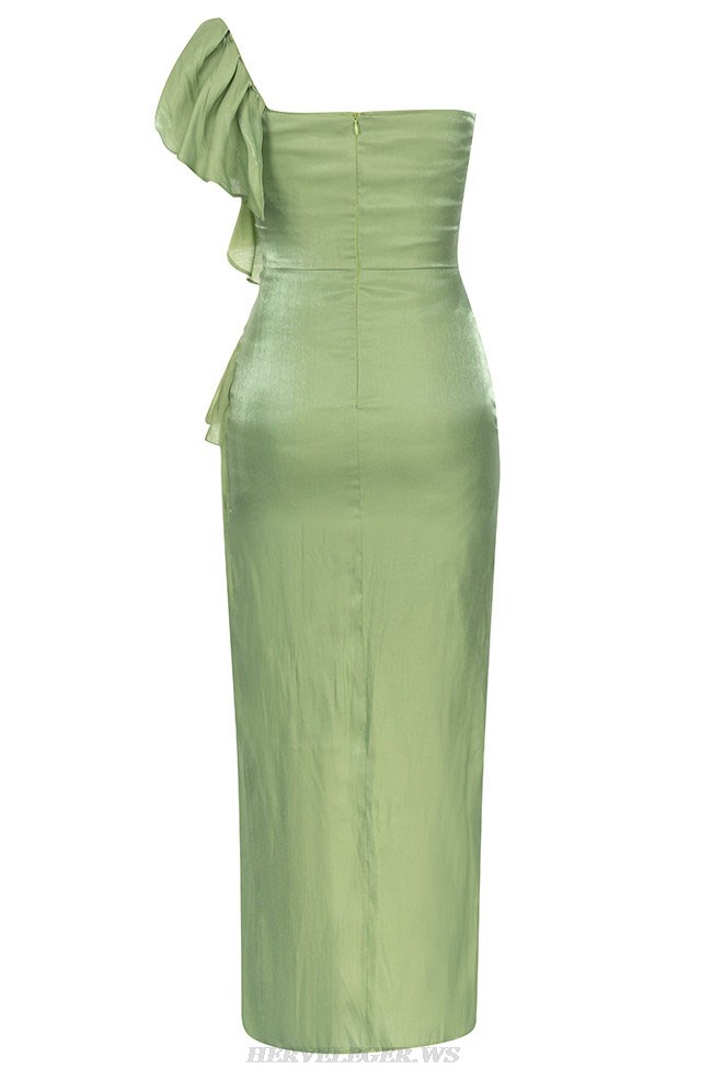 Herve Leger Green Ruffle One Shoulder Gown