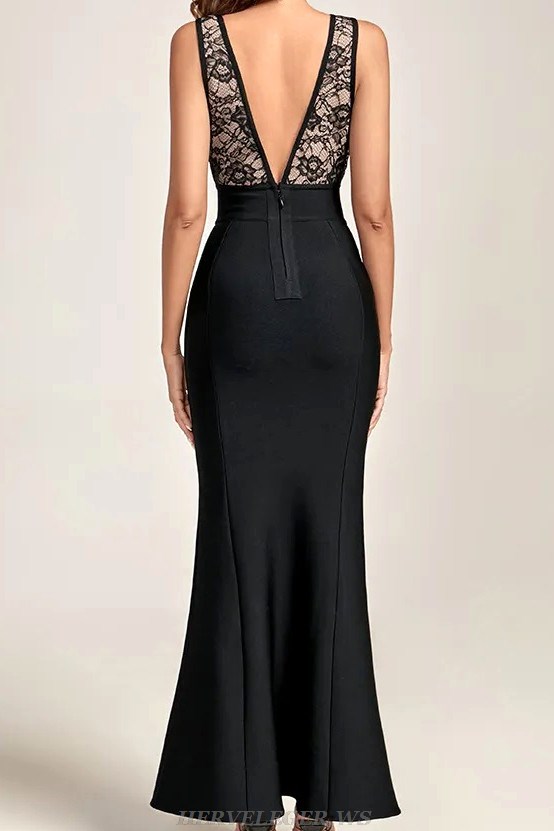 Herve Leger Black Scalloped Lace Gown