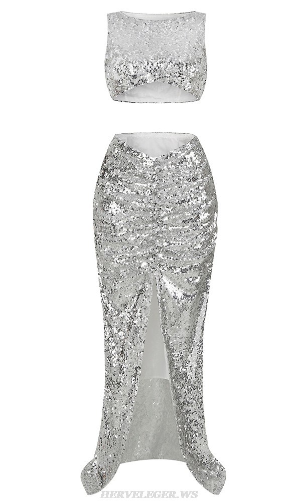 Herve Leger Silver Sequin Draped Two Piece Gown