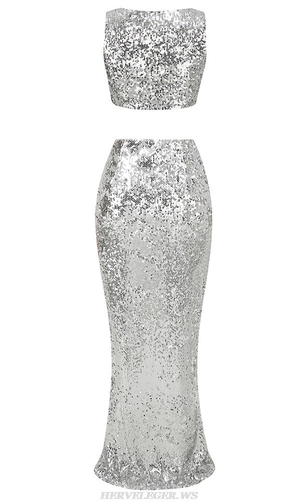 Herve Leger Silver Sequin Draped Two Piece Gown