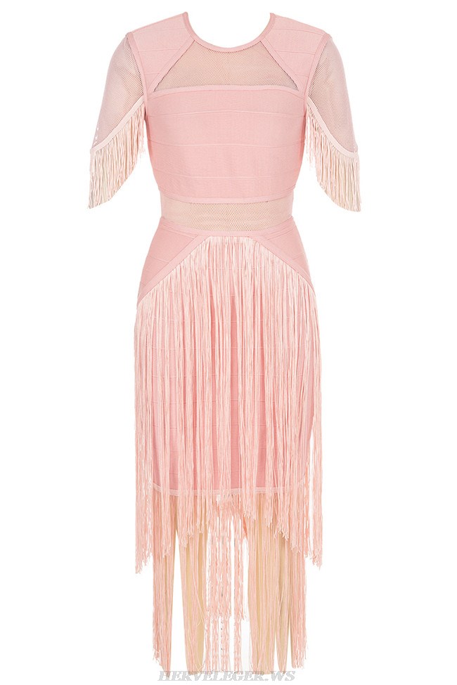 Herve Leger Pink Short Sleeve Tassel Midi Dress