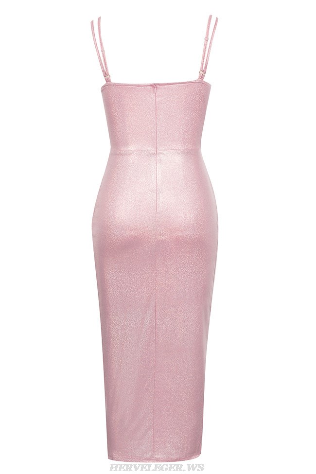 Herve Leger Pink Sparkly Draped Midi Dress