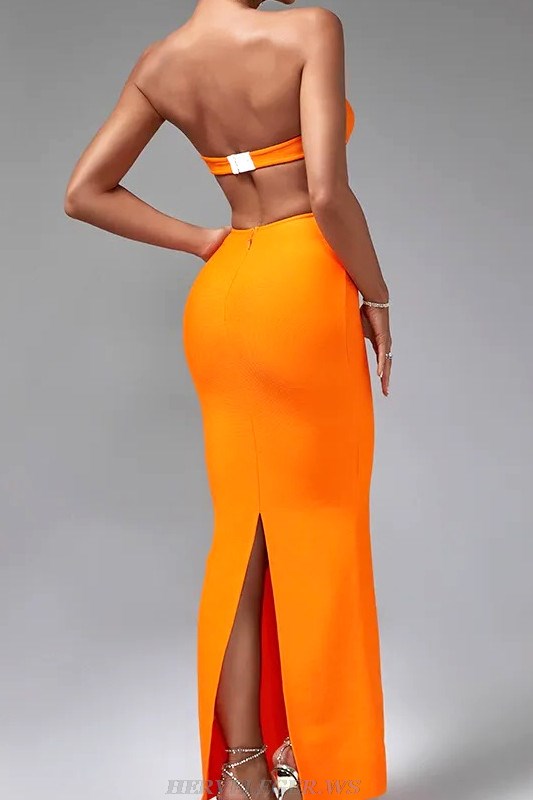 Herve Leger Orange Strapless Bustier Gown