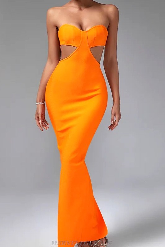 Herve Leger Orange Strapless Bustier Gown