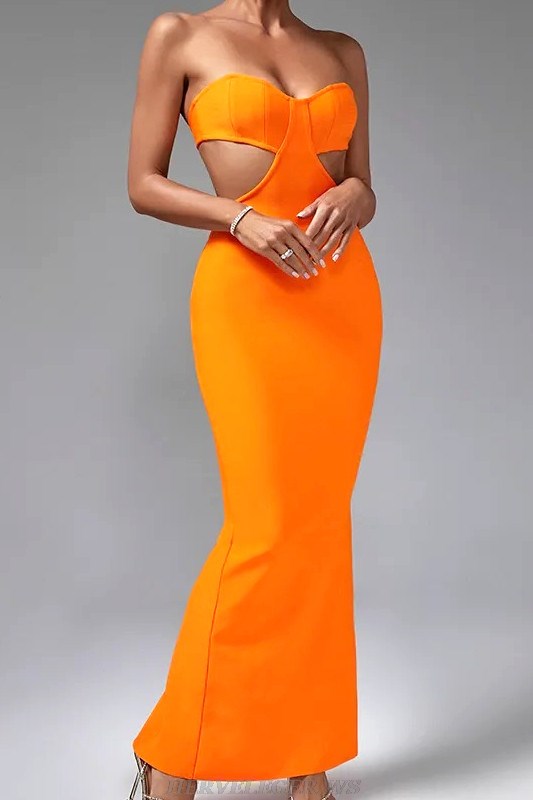 Herve Leger Orange Strapless Bustier Gown