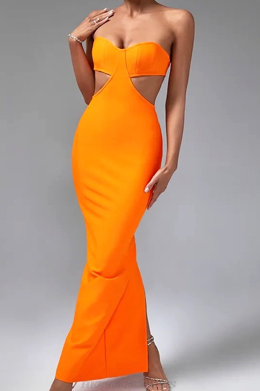 Herve Leger Orange Strapless Bustier Gown