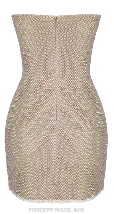 Herve Leger Nude Strapless Crystal Bustier Draped Dress