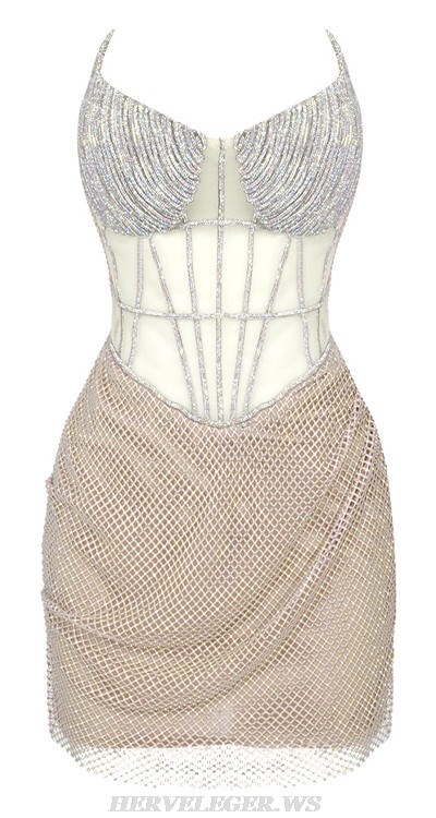 Herve Leger Nude Strapless Crystal Bustier Draped Dress