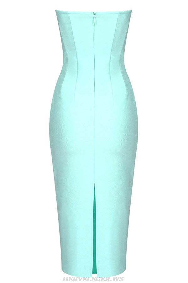 Herve Leger Green Strapless Crystal Bustier Midi Dress