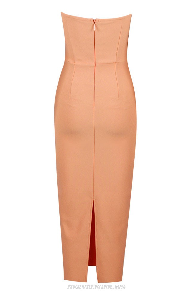 Herve Leger Peach Strapless Draped Bustier Midi Dress