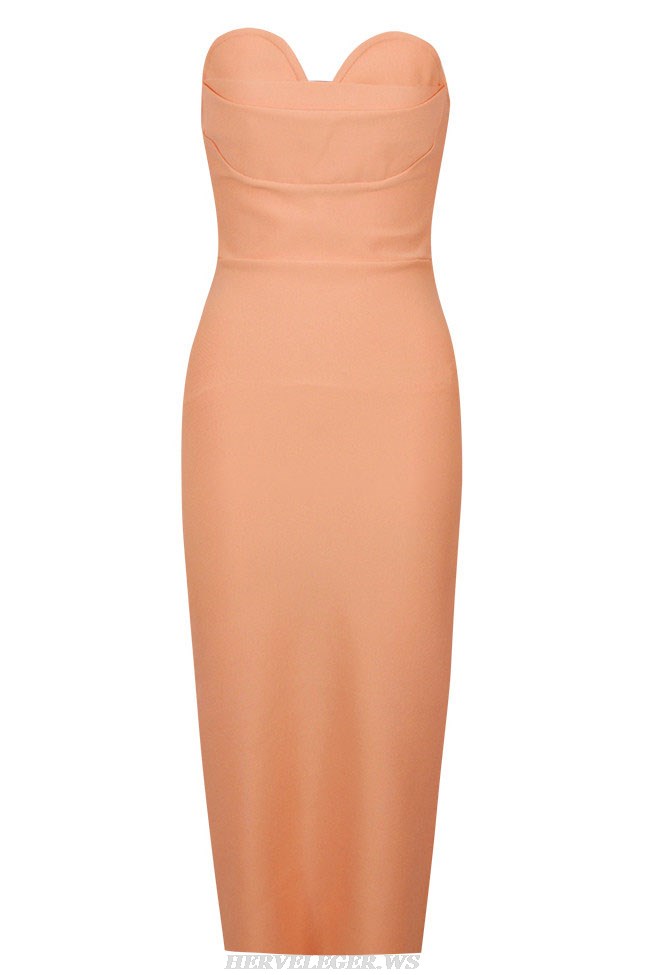 Herve Leger Peach Strapless Draped Bustier Midi Dress