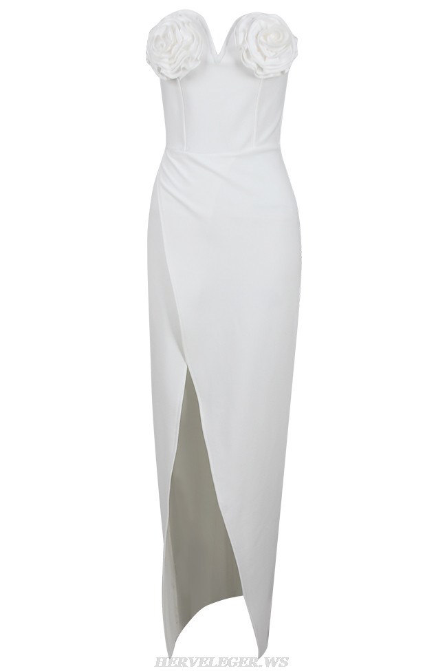 Herve Leger White Strapless Rose Bustier Gown