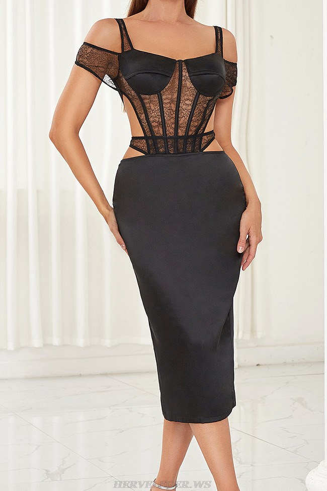 Herve Leger Black Structured Lace Bustier Midi Dress