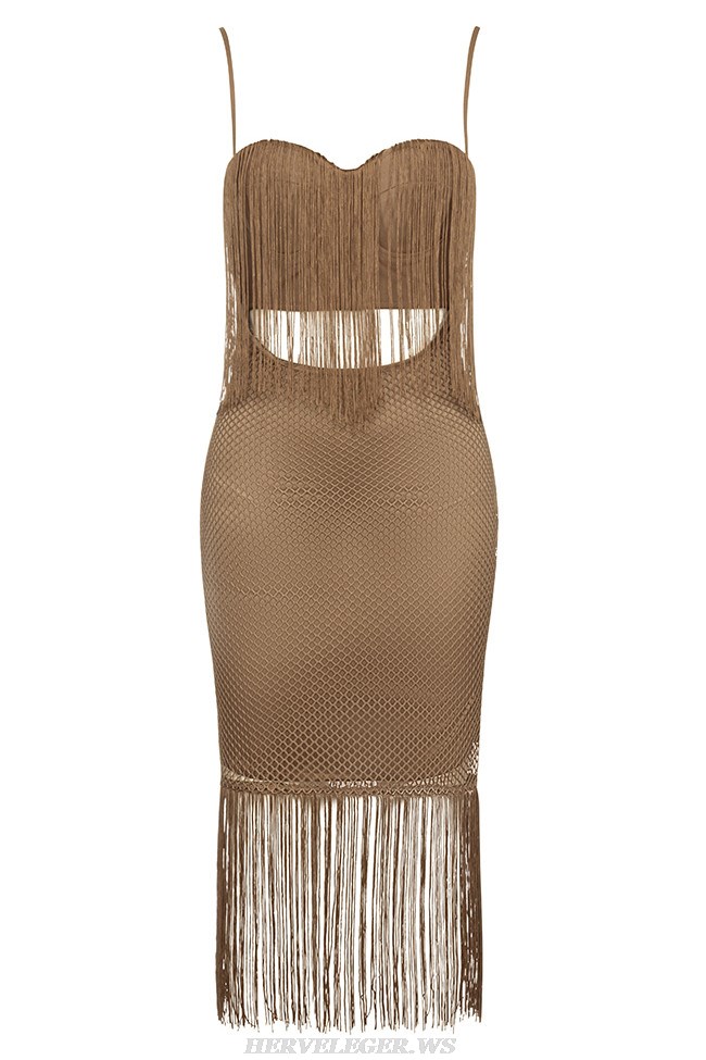 Herve Leger Brown Tassel Crochet Bustier Midi Dress