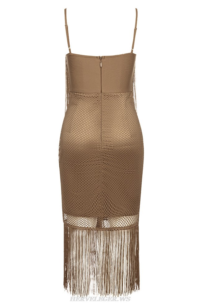 Herve Leger Brown Tassel Crochet Bustier Midi Dress