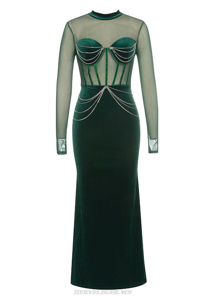 Herve Leger Green Long Sleeve Bustier Velvet Gown 