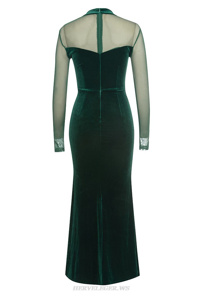 Herve Leger Green Long Sleeve Bustier Velvet Gown 