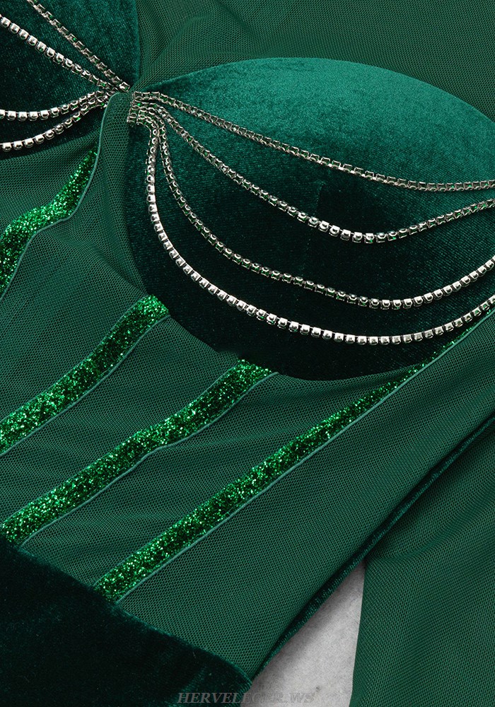 Herve Leger Green Long Sleeve Bustier Velvet Gown 