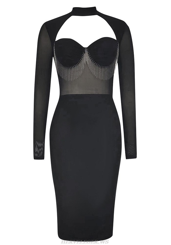 Herve Leger Black Long Sleeve Embellished Bustier Dress