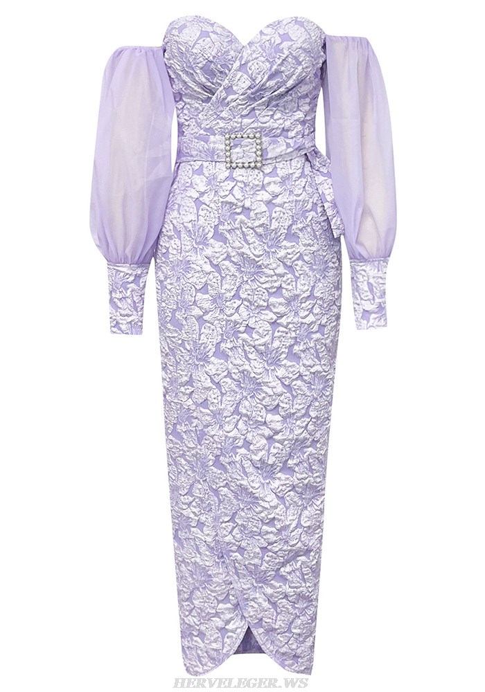 Herve Leger Lavender Puff Long Sleeve Floral Gown 