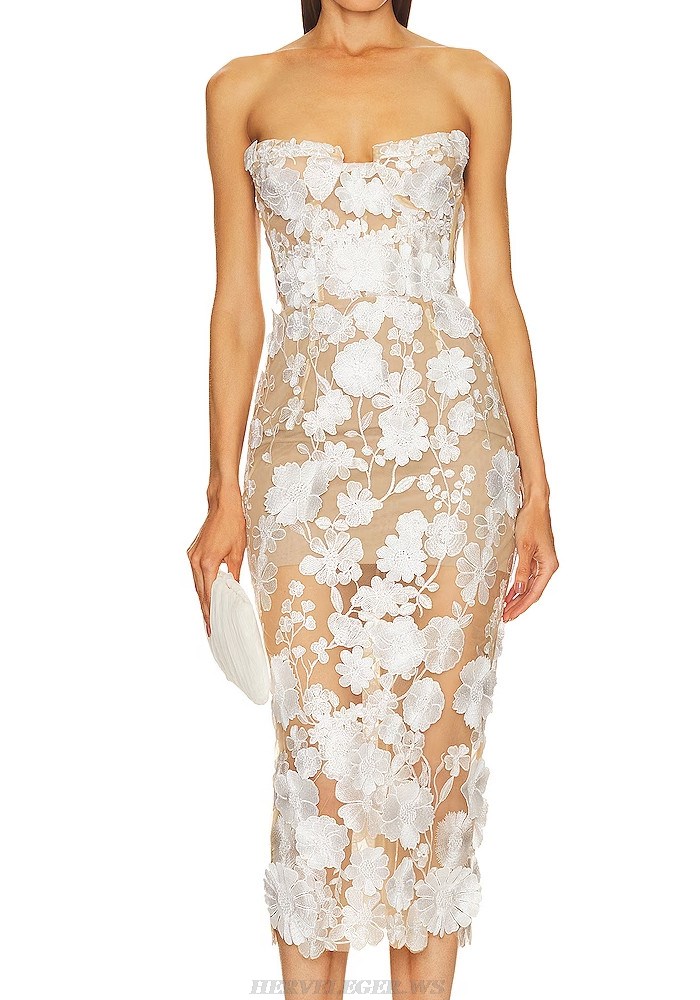 Herve Leger White Strapless Bustier Floral Lace Dress