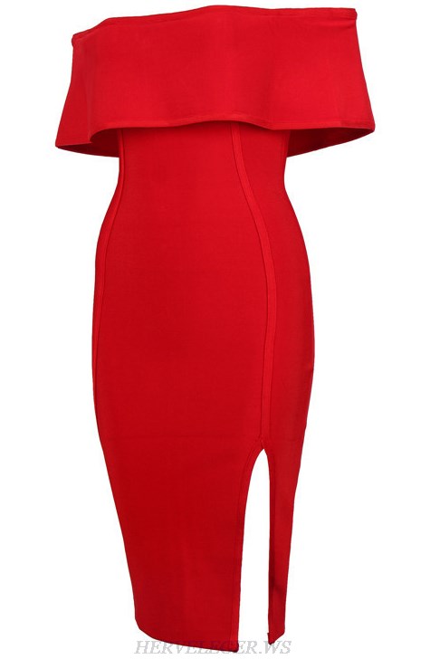 Herve Leger Red Strapless Bardot Slit Dress