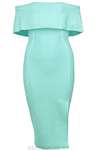 Herve Leger Turquoise Strapless Bardot Slit Dress