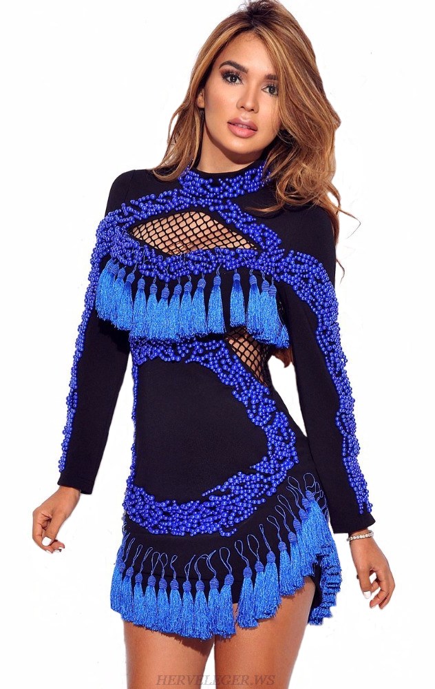 Herve Leger Blue And Black Long Sleeve Tassel Dress