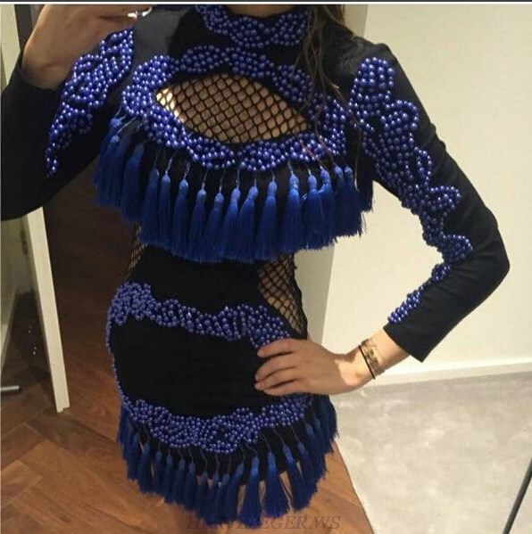 Herve Leger Blue And Black Long Sleeve Tassel Dress