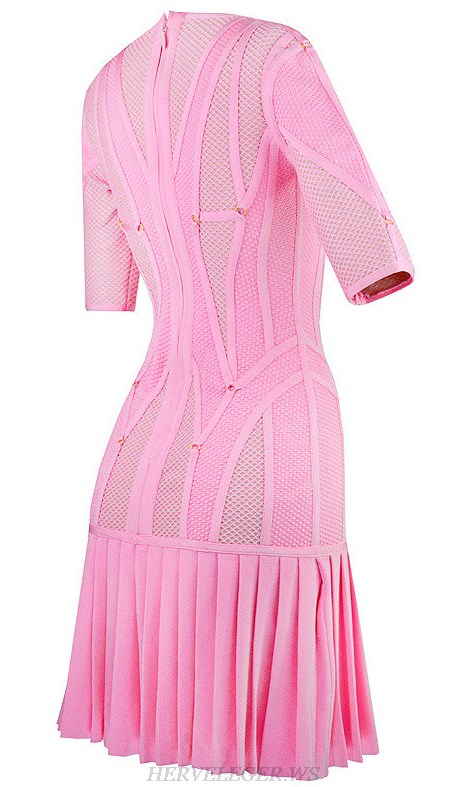 Herve Leger Pink Multi Stitch Crochet Pleated Dress