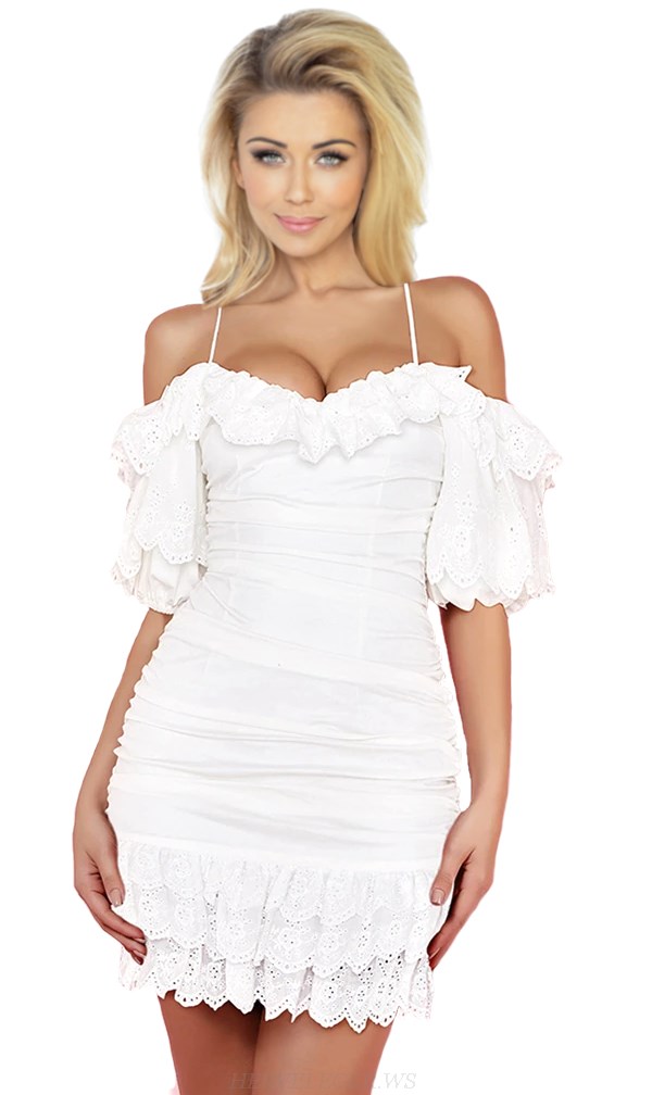 Herve Leger White Strapless Bardot Ruched Lace Dress