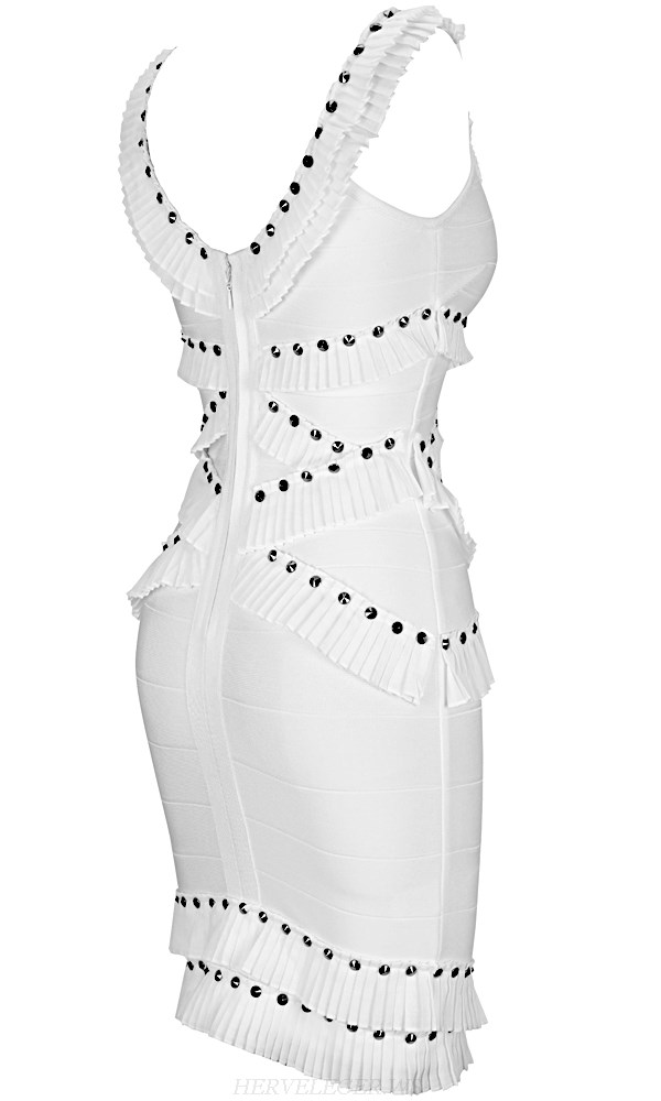 Herve Leger White V Neck Pleated Studded Stars Dress