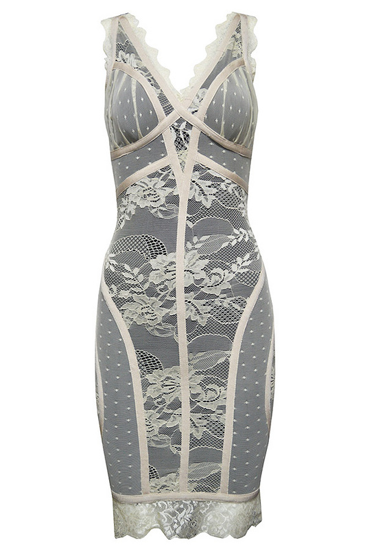 Herve Leger 2015 Gray Jaquard V Neck Dress