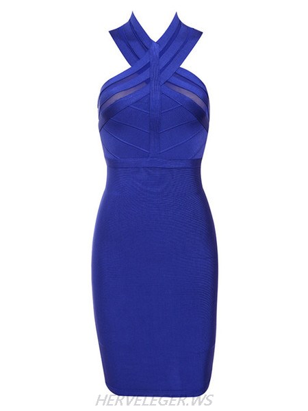 Herve Leger Blue Andrea Halter Dress