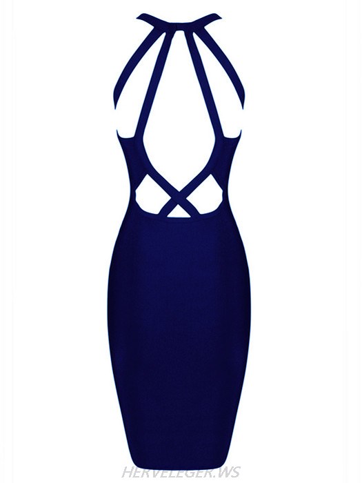 Herve Leger Eva Navy Keyhole Cutout Detail Dress